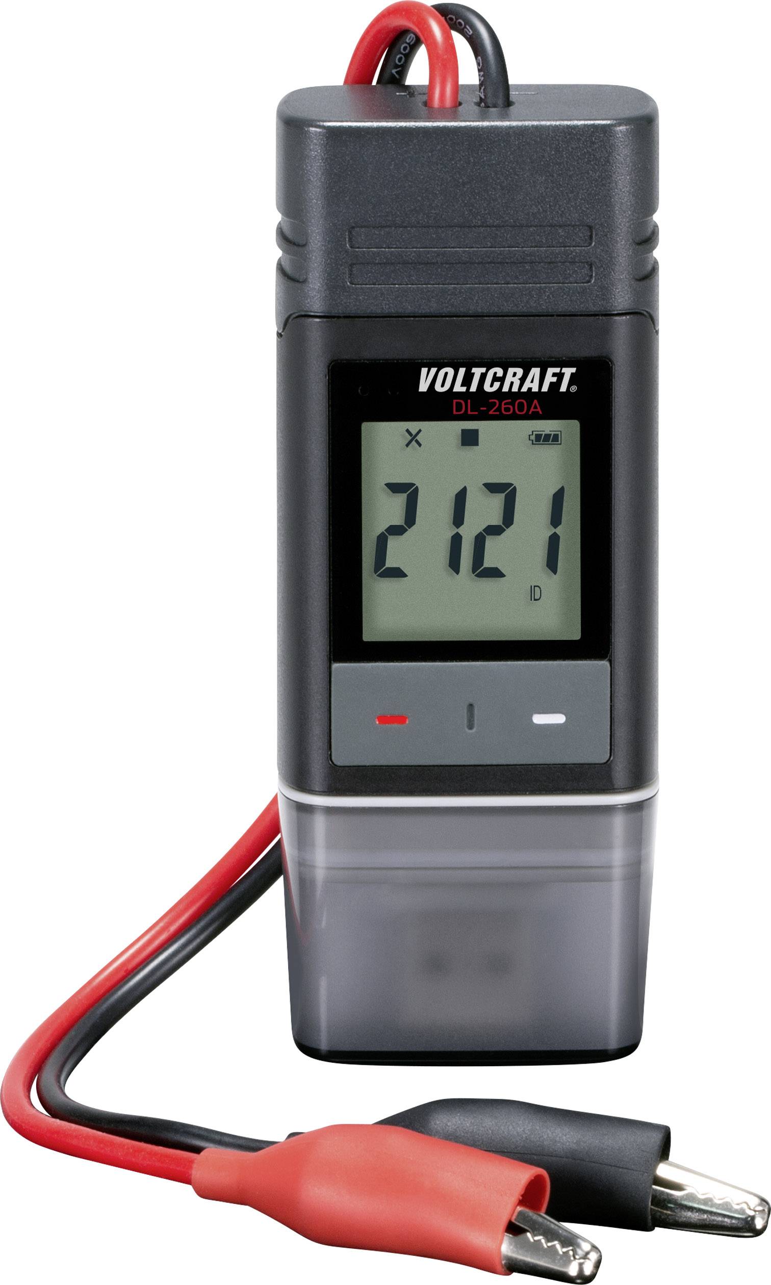 Ein digitales Multimeter mit dem Displaywert '2121'. Es hat schwarze und rote Prüfspitzen und trägt die Aufschrift 'Voltcraft DL-260A'.