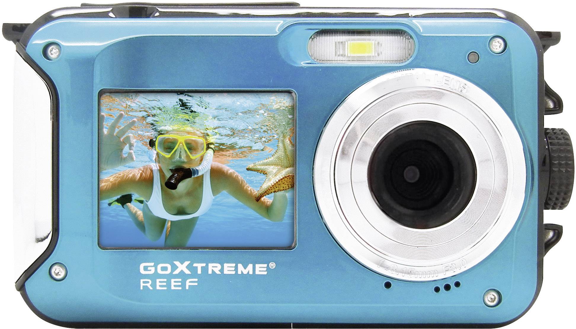 Eine blaue Unterwasserkamera mit Display zeigt eine Person beim Schnorcheln im klaren Wasser. Markierung: 'GoXtreme Reef'.