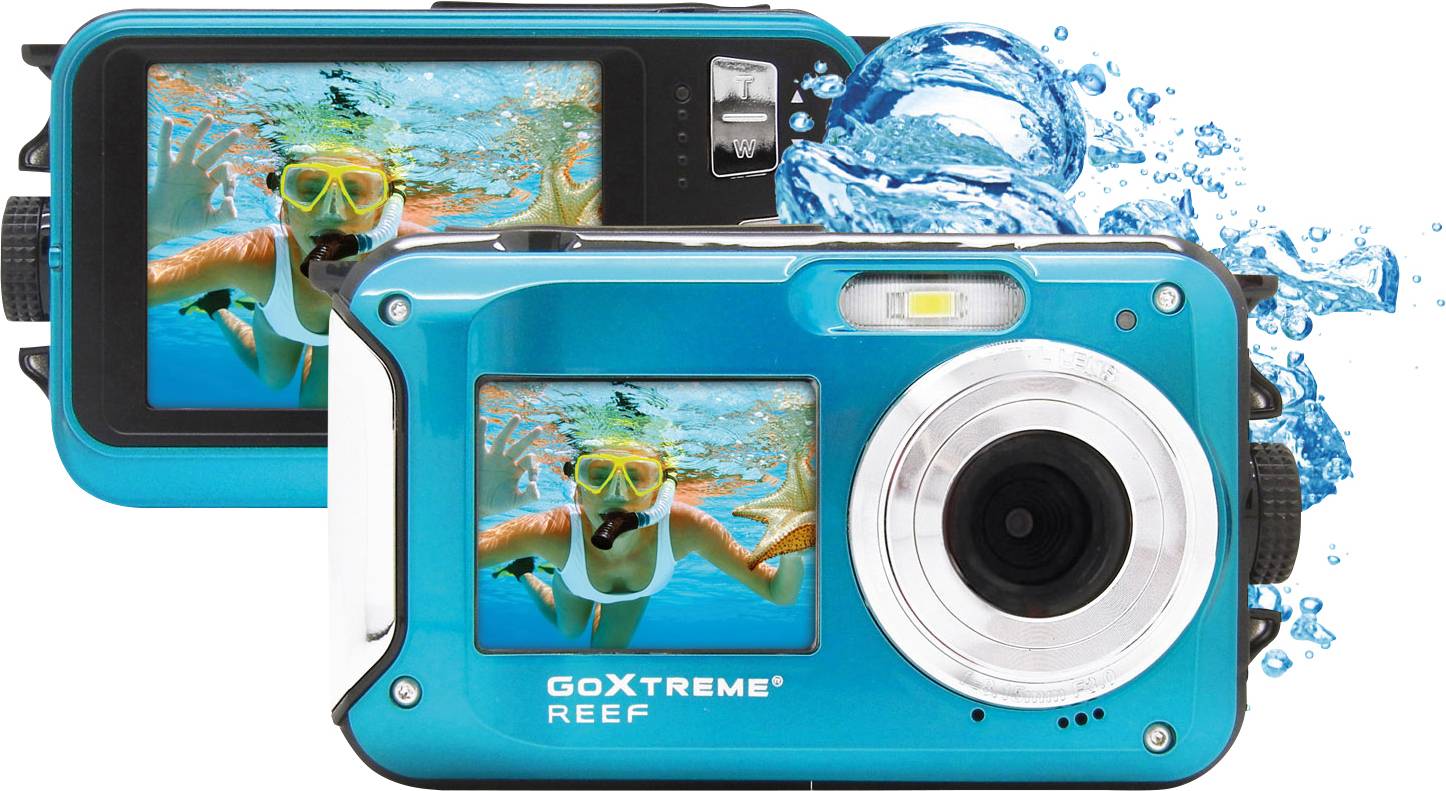 Zwei blaue wasserdichte Kameras, eine mit Display zeigt eine Person mit Tauchermaske unter Wasser. Spritzendes Wasser im Hintergrund.