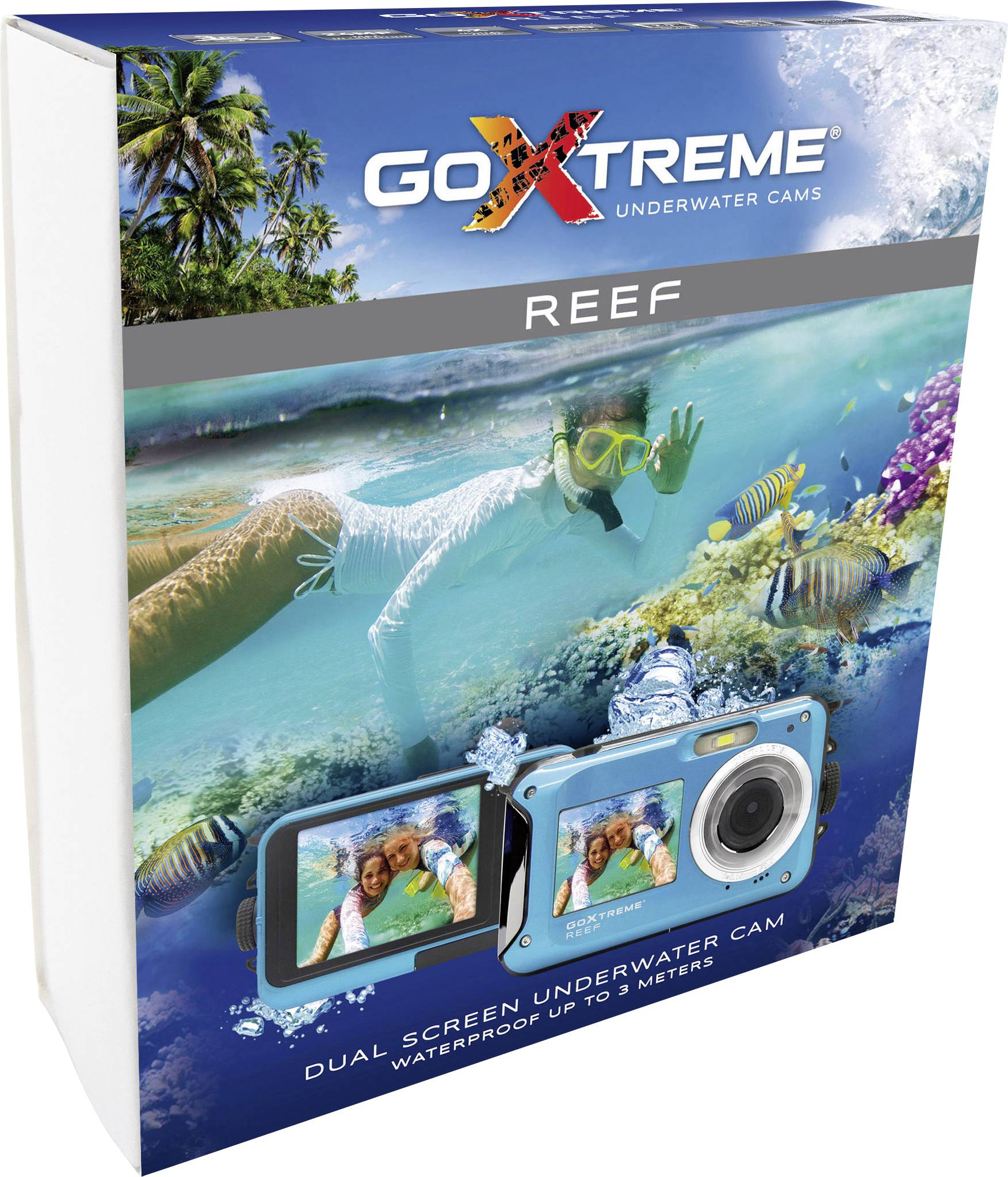 Verpackung für 'GoXtreme Reef', eine Unterwasserkamera mit Doppeldisplay. Zeigt Taucher und Fische im Wasser. Wasserdicht bis 3 Meter.