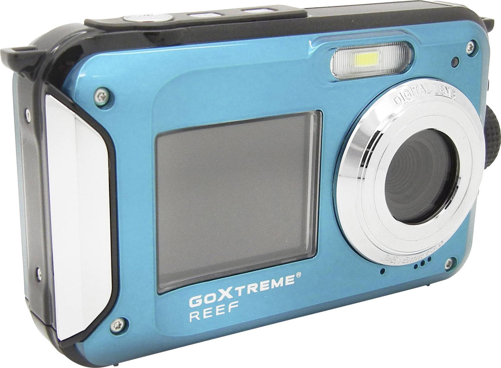 Eine blau-silberne Digitalkamera mit der Aufschrift 'GoXtreme Reef'. Die Kamera hat ein Display, ein Objektiv und einen Blitz.