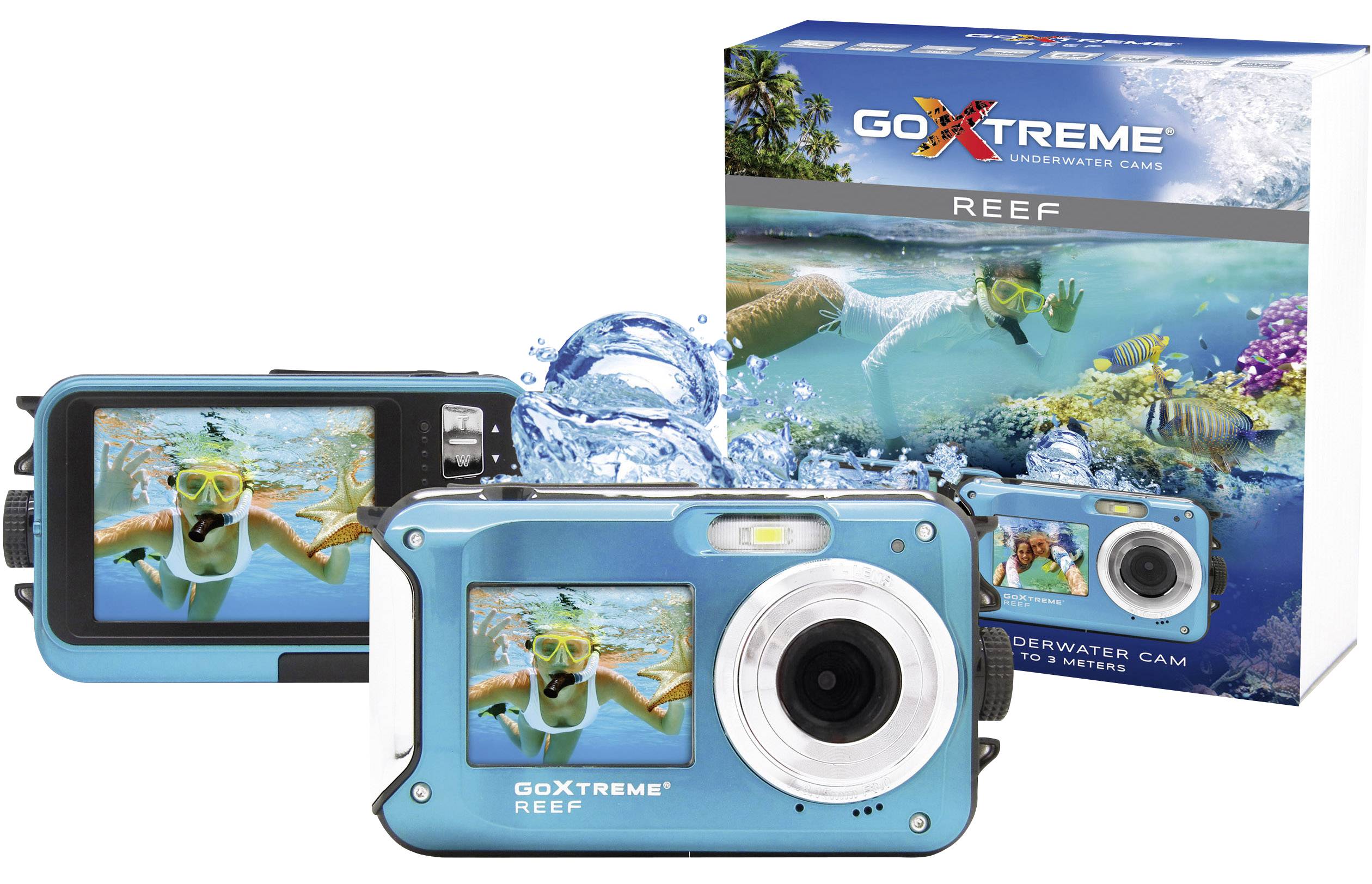 Zwei blaue Unterwasserkameras der Marke GoXtreme Reef. Eine Kamera zeigt ein Foto von einem Taucher, die andere Kamera im Profil. Verpackung im Hintergrund.
