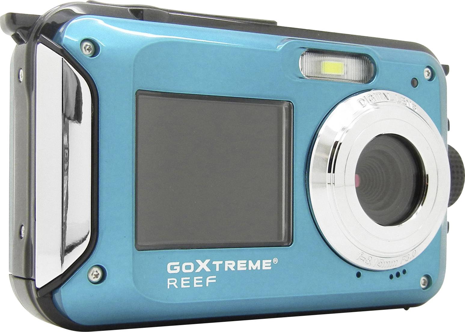 Blaue wasserdichte Kamera mit Objektiv und Bildschirm, geeignet für Unterwasseraufnahmen. Modellname 'GoXtreme REEF'.