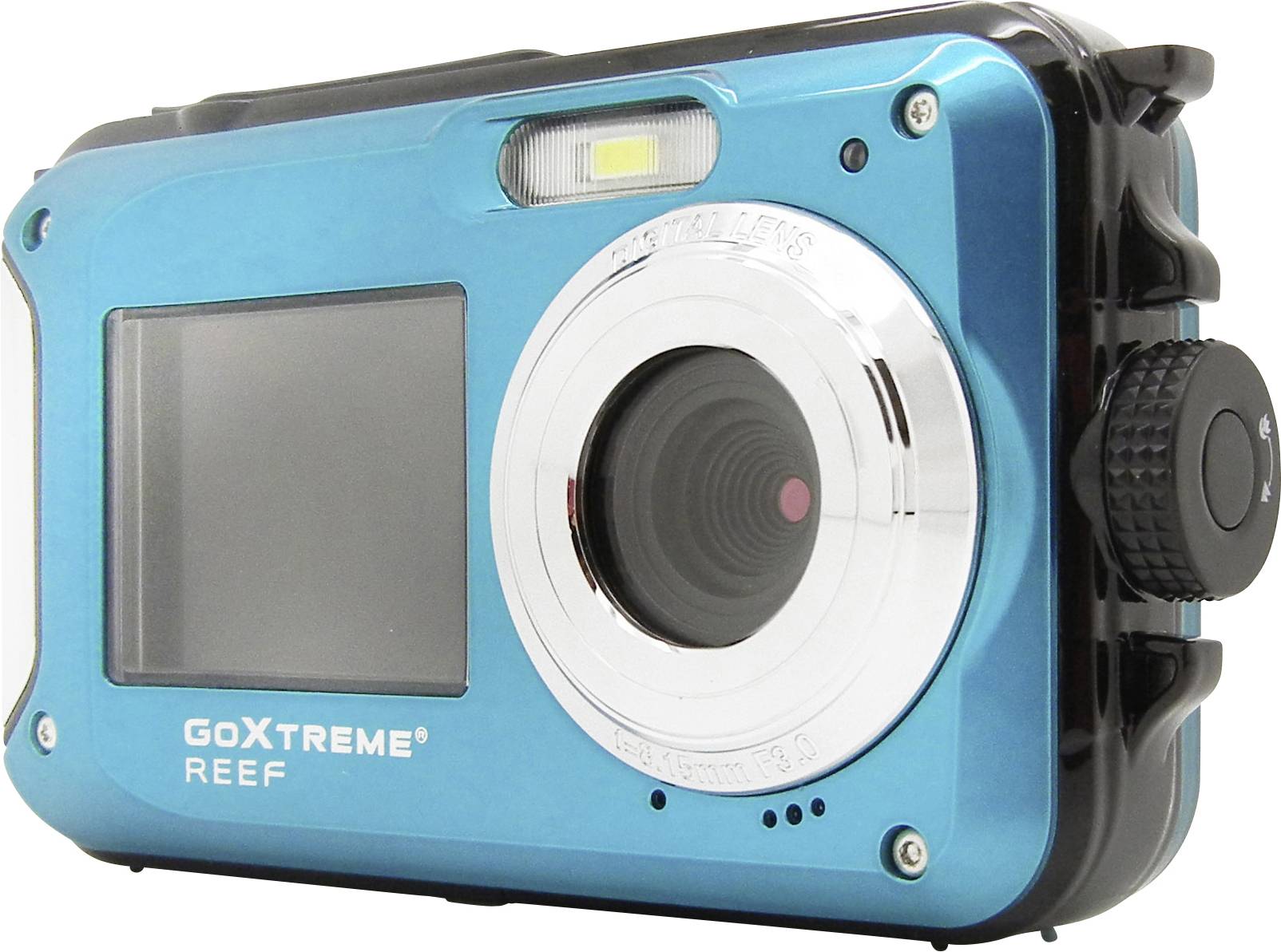 Digitalkamera in kräftigem Blau mit GoXtreme Reef Aufdruck, großem Objektiv und Display. Designed für Outdoor-Aktivitäten.