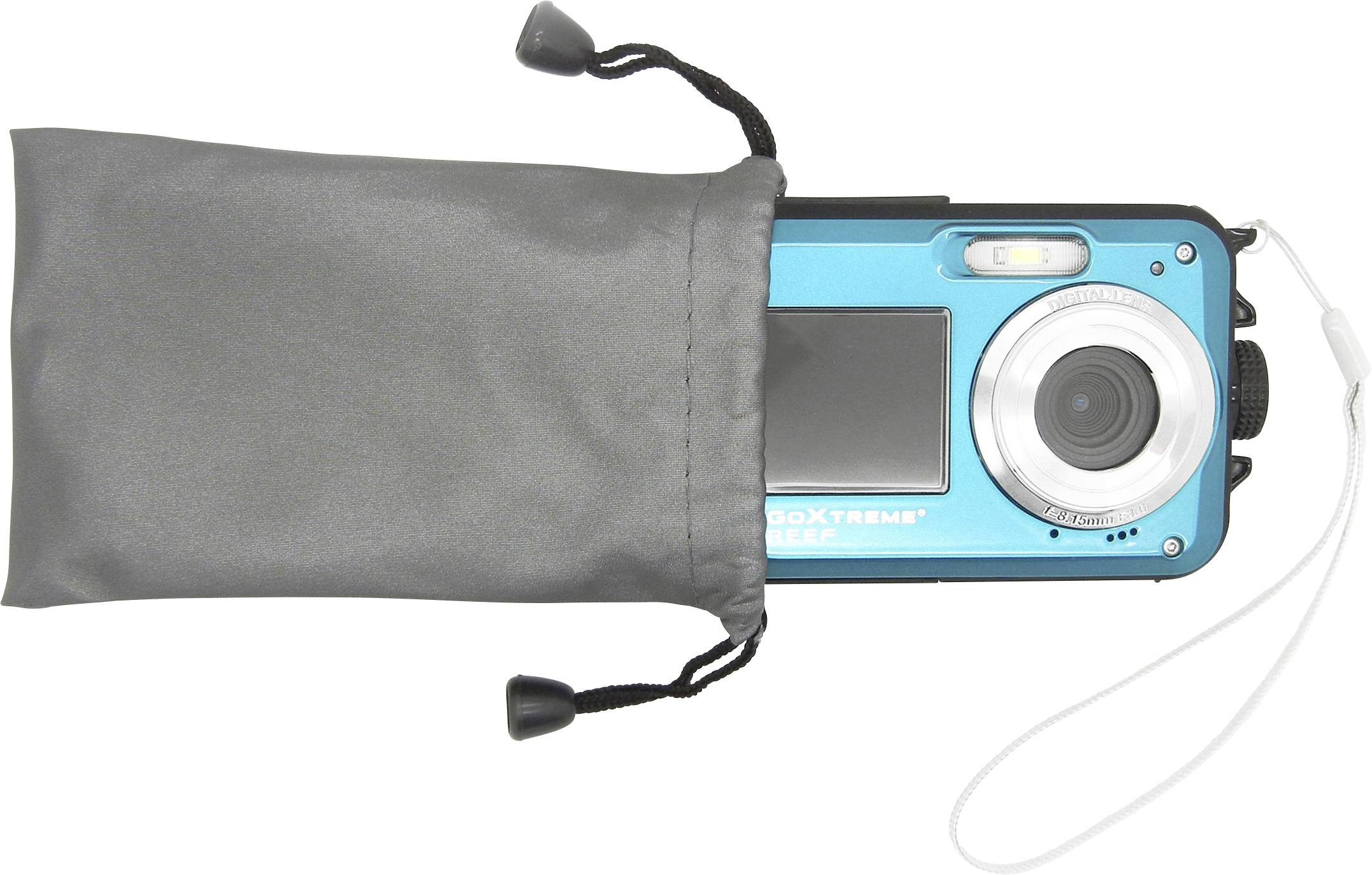 Digitalkamera in einer grauen Tasche, teilweise sichtbar, mit einem blauen Gehäuse und Objektiv auf der rechten Seite.