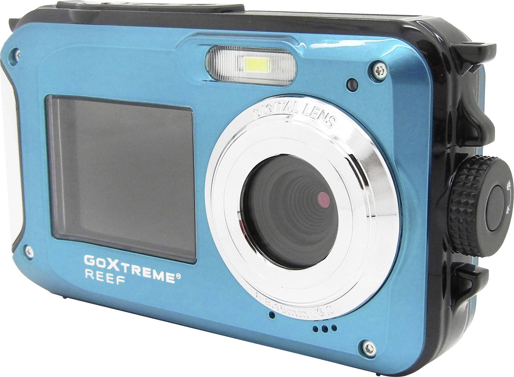 Wasserdichte, blaue Digitalkamera mit großem Objektiv, LCD-Bildschirm und robustem Gehäuse, geeignet für Unterwasserfotografie.