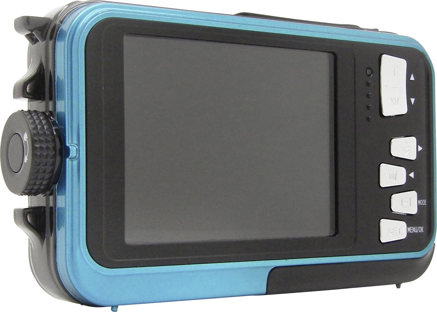 Kompakte Digitalkamera mit blauem Gehäuse, großem Display und mehreren silbernen Bedientasten an der Seite.