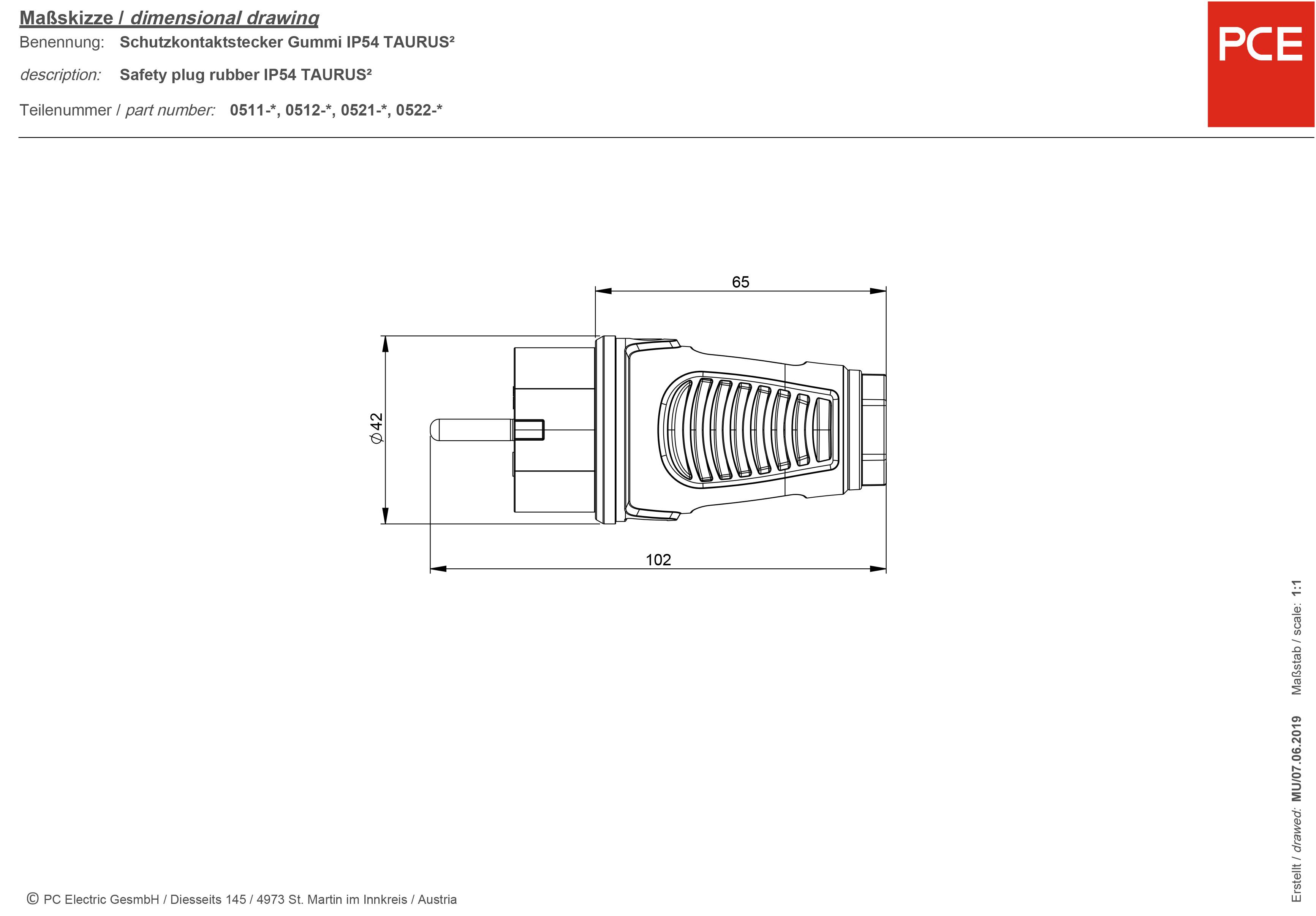 PCE 0512-sr Schutzkontaktstecker Vollgummi, Thermoplast 250V Schwarz, Rot IP54
