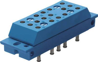 Ein blauer pneumatischer Verbinder mit mehreren Anschlüssen und schwarzen Schrauben. Bus-förmige Form, verwendet in industriellen Systemen.