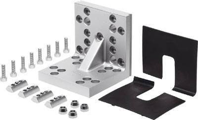 Montageset bestehend aus einem Metallwinkel mit Löchern, Schrauben, Muttern und einer schwarzen Halterung, für mechanische Befestigungen.