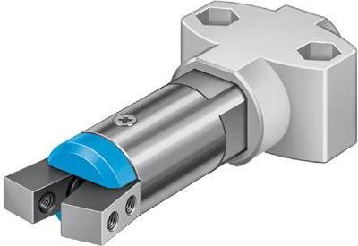 Metallischer Präzisionsteil mit zylindrischem Körper und hervorstehendem blauen Bauteil, möglicherweise Teil eines technischen Geräts.