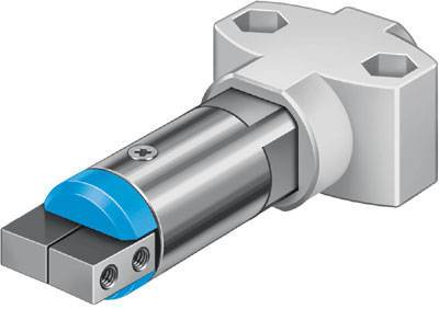 Metallisches Maschinenteil mit zylindrischem Schaft und dreieckiger Basis mit drei Schraublöchern. Vorderseite in Blau markiert.