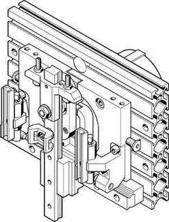 Technische Zeichnung eines komplexen mechanischen Teils mit Schienen, Zahnrädern und Befestigungen, vermutlich für industrielle Anwendungen.
