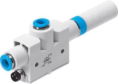 Ein weißes pneumatisches Ventil mit blauen Dichtungen und elektronischem Anschluss für Steuer- und Regeltechnik.