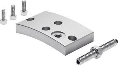 Metallplatte mit vier Löchern, vier Schrauben mit Unterlegscheiben und eine Gewindestange mit zwei Muttern.