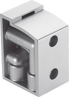 Ein silbernes, rechteckiges Scharnier mit zwei runden Löchern und einem abgerundeten inneren Mechanismus aus Metall, für Möbelmontage.