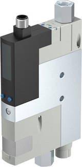 Elektronisches Druckregelventil in rechteckiger Form, mit schwarzer Oberseite und blauen Knöpfen an der Seite.