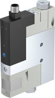 Ein rechteckiges, vertikales Pneumatikventil mit schwarzem und grauem Gehäuse sowie Anschlussstutzen oben.