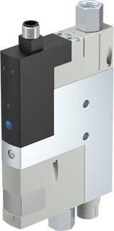 Ein kompaktes, rechteckiges pneumatisches Ventil mit Anschlüssen und einem schwarzen Stecker oben. Hauptsächlich aus Metall.