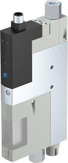 Ein rechteckiges, vertikal ausgerichtetes pneumatisches Ventil aus Metall und Kunststoff mit mehreren Anschlüssen und einem Kontrollknopf oben.