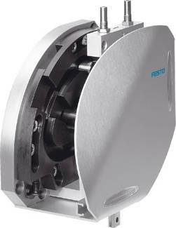 Ein pneumatischer Schwenkantrieb aus Metall mit sichtbaren Zahnrädern. Geeignet für automatisierte Bewegungssteuerungen in Industrieanlagen.