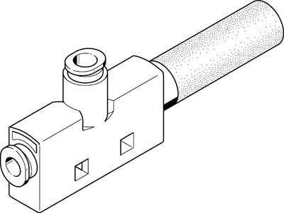 Eine technische Zeichnung eines L-förmigen, mechanischen Teils mit Zylindern und einem geriffelten Griff an einem Ende.