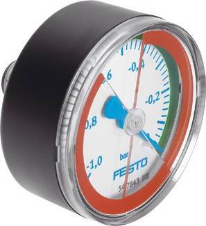 Manometer mit Skala von -1,0 bis 0 bar, Druckanzeige in blau und rot.