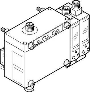Schwarz-weiß technische Zeichnung eines elektrischen Geräts mit vier Anschlüssen und zwei angebrachten Modulen auf der rechten Seite.