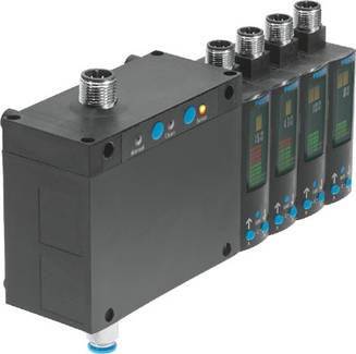 Ein elektrisches Verteilermodul mit mehreren Anschlüssen und Steckverbindern, geeignet für industrielle Anwendungen.