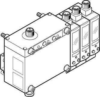 Illustration zeigt ein dreifaches elektromagnetisches Ventil mit drei Anschlüssen oben. Die Seiten zeigen digitale Anzeigen.