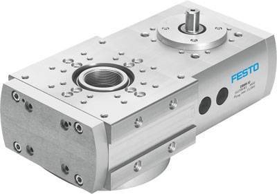 Pneumatischer Schwenkantrieb von Festo auf weißem Hintergrund. Es zeigt ein silbernes, metallisches Gehäuse mit mehreren Befestigungspunkten.