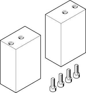 Zwei rechteckige, aufrecht stehende Blöcke mit jeweils zwei Löchern oben. Daneben liegen vier Schrauben.