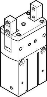 Technische Zeichnung eines rechteckigen mechanischen Bauteils mit runden Rillen und mehreren Schraubenlöchern.