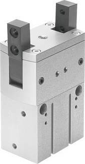 Zweifinger-Greifer aus Metall mit zwei parallel angeordneten Greifern, seitlichen Befestigungslöchern und kompaktem Design.
