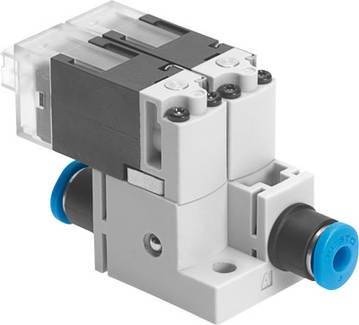 Ein elektrisches Ventil mit einem blauen Anschluss auf einer Seite, bestehend aus Kunststoff- und Metallkomponenten.