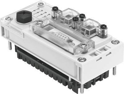 Ein rechteckiges technisches Bauteil mit mehreren Anschlüssen und einem Drehknopf. Es scheint Teil eines elektronischen Geräts zu sein.