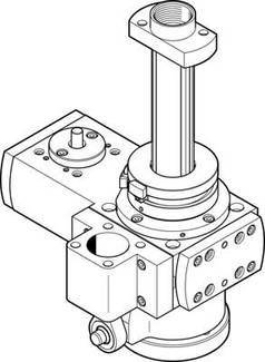 Technische Zeichnung eines hydraulischen Ventils mit mehreren Anschlüssen und einem vertikalen Hebel, zu Montage und Wartung.