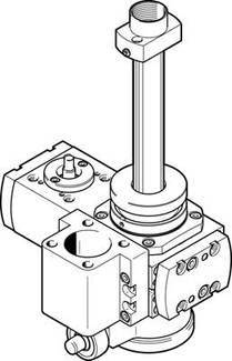 Ein technisches Diagramm zeigt ein komplexes Ventilsystem mit mehreren Anschlüssen und Hebeln, typisch in industriellen Anwendungen.