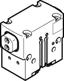 Elektrisches Bauteil in rechteckiger Form mit Steckverbindern und Montageöffnungen. Entworfen für industrielle Anwendungen.