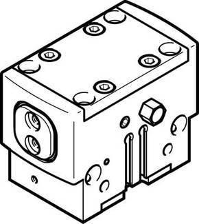 Ein technisches Diagramm zeigt ein rechteckiges mechanisches Teil mit mehreren Bohrungen und Schrauben, das für Maschinen verwendet wird.