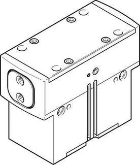 Strichzeichnung eines rechteckigen mechanischen Bauteils mit mehreren Schraubenlöchern und Öffnungen an den Seiten.