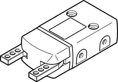 Zeigt eine technische Zeichnung eines rechteckigen elektrischen Steckverbinders mit zwei Anschlüssen und Schraubenlöchern.