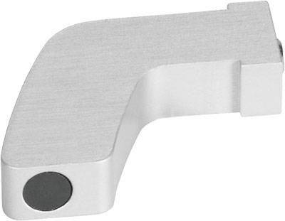 Metallischer Türstopper mit rechteckiger Grundfläche, abgewinkelt und mit schwarzem Gummipuffer an der einen Ecke.