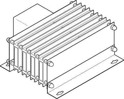 Strichzeichnung eines Kühlkörpers mit mehreren Lamellen, angebracht auf einer Montageplatte. Diagramm betont Wärmeableitung.