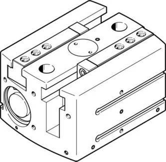 Technische Zeichnung eines mechanischen Teils, das rechteckige und zylindrische Elemente zeigt, wahrscheinlich für Industrieanwendungen.