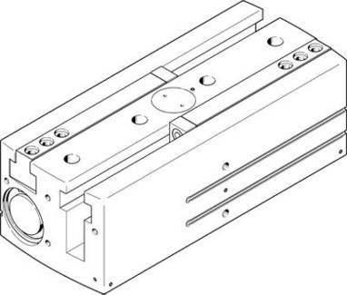 Technische Zeichnung eines rechteckigen mechanischen Bauteils mit mehreren Befestigungspunkten und Schlitzen.