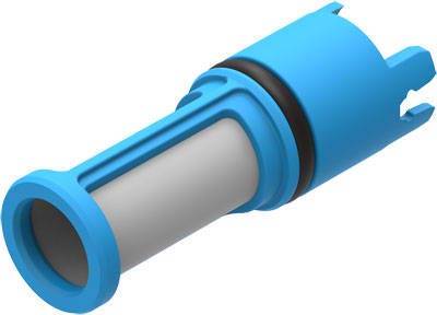 Blauer, zylindrischer Plastikstecker mit schwarzem Ring, verwendet in technischen Geräten für Verbindungen.
