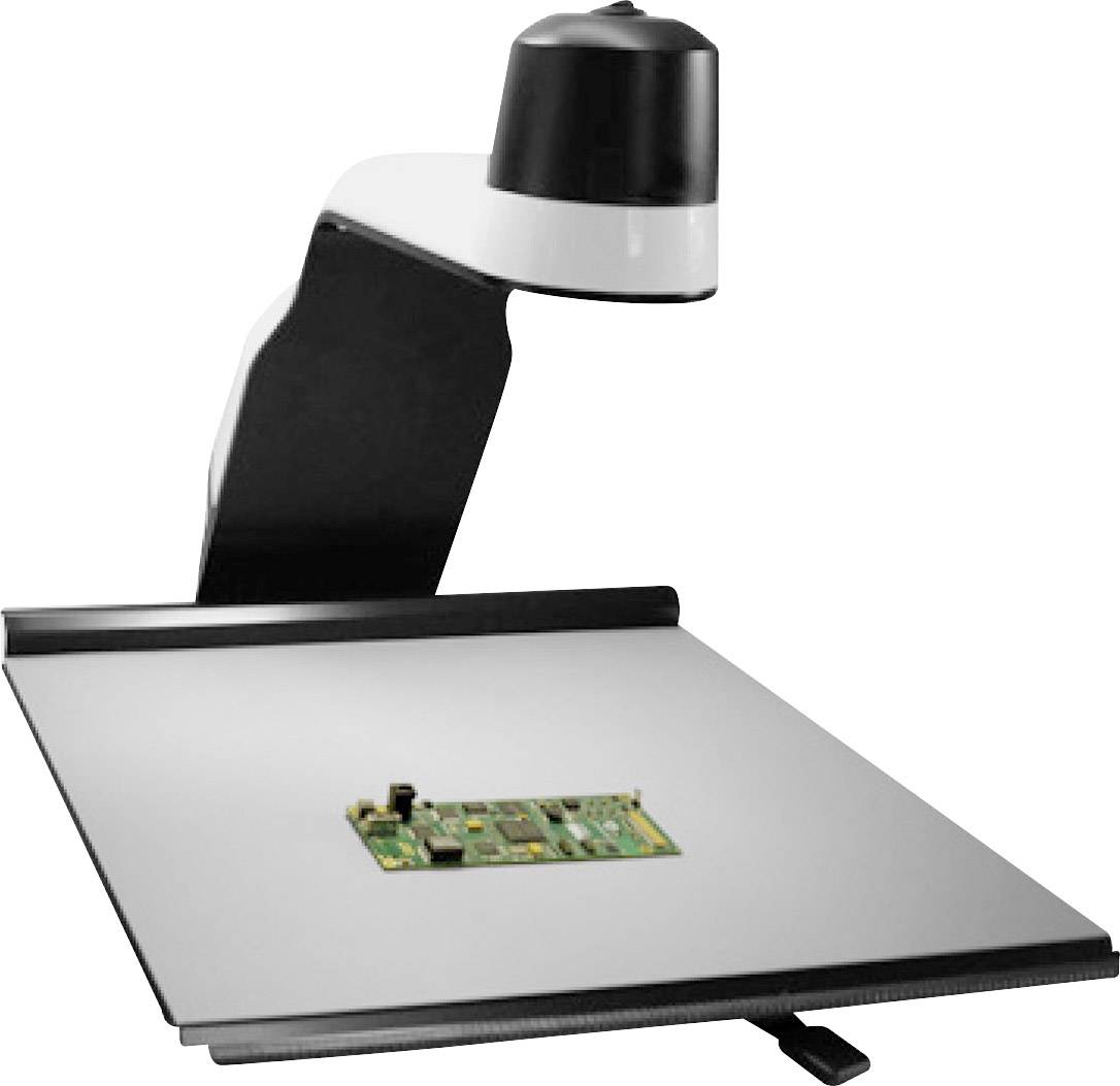 Ein moderner Dokumentenscanner mit einer eingebauten Kamera, die über einem Tisch positioniert ist, auf dem ein grünes elektronisches Bauteil liegt.