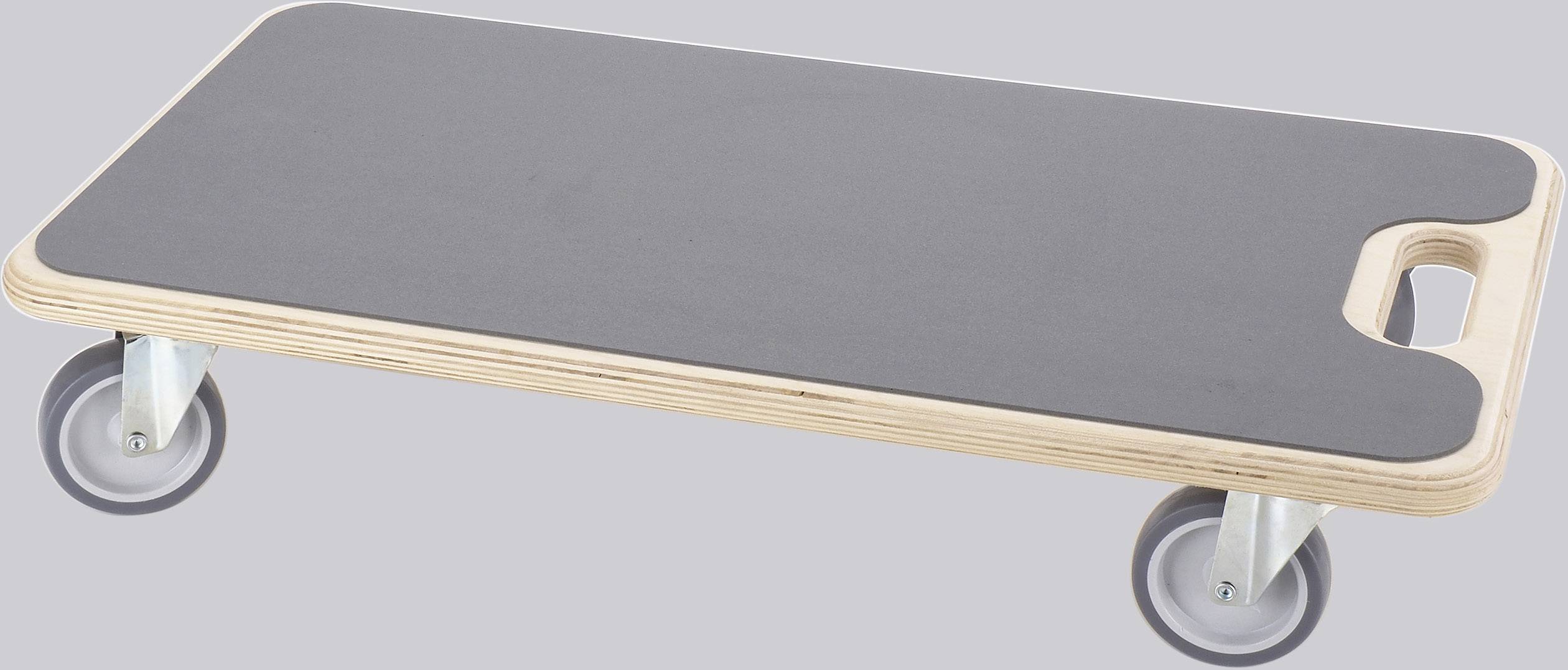 Rollbrett mit Griffloch, vier Rollen, schwarzer Belag auf Holzrahmen.