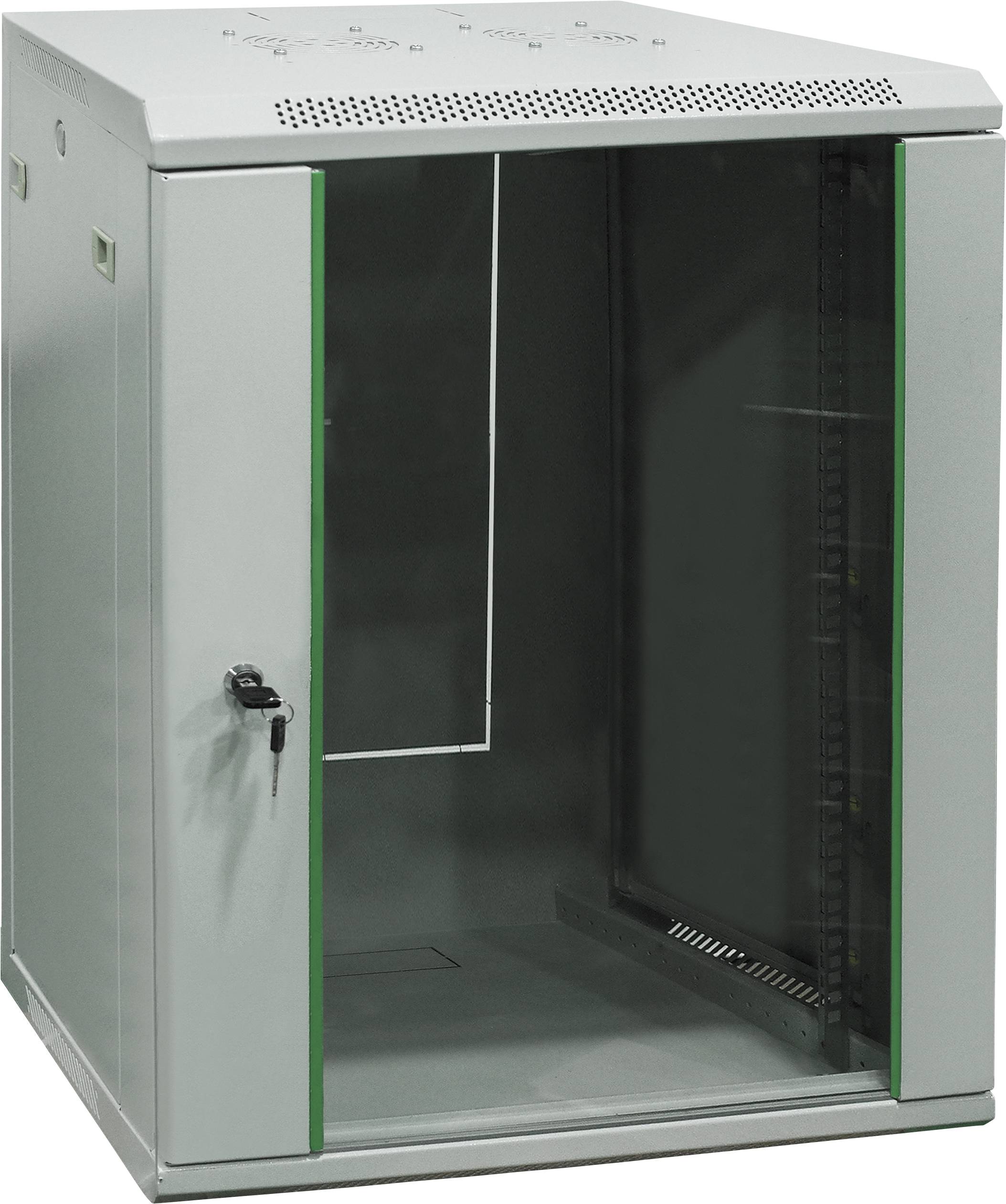 Server-Schrank aus Metall mit Glastür, offen zur linken Seite hin, geeignet zur Unterbringung von Netzwerkgeräten und Kabeln.